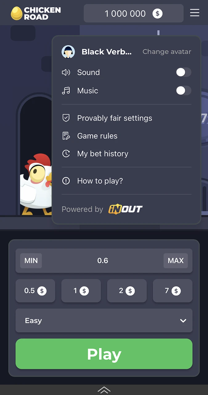 A list of menus and settings for the Chicken Road game from Melbet Casino.