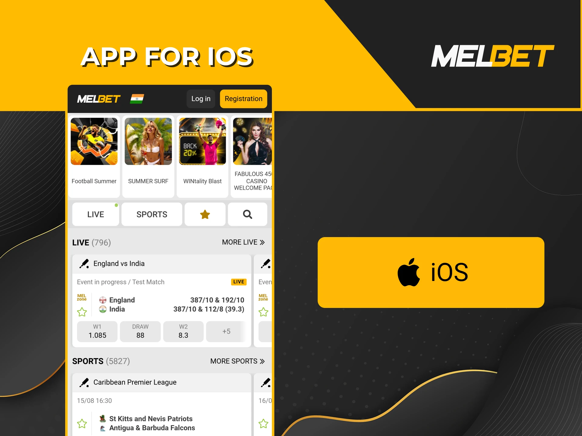 Place bets or play games on the Melbet app for iOS.