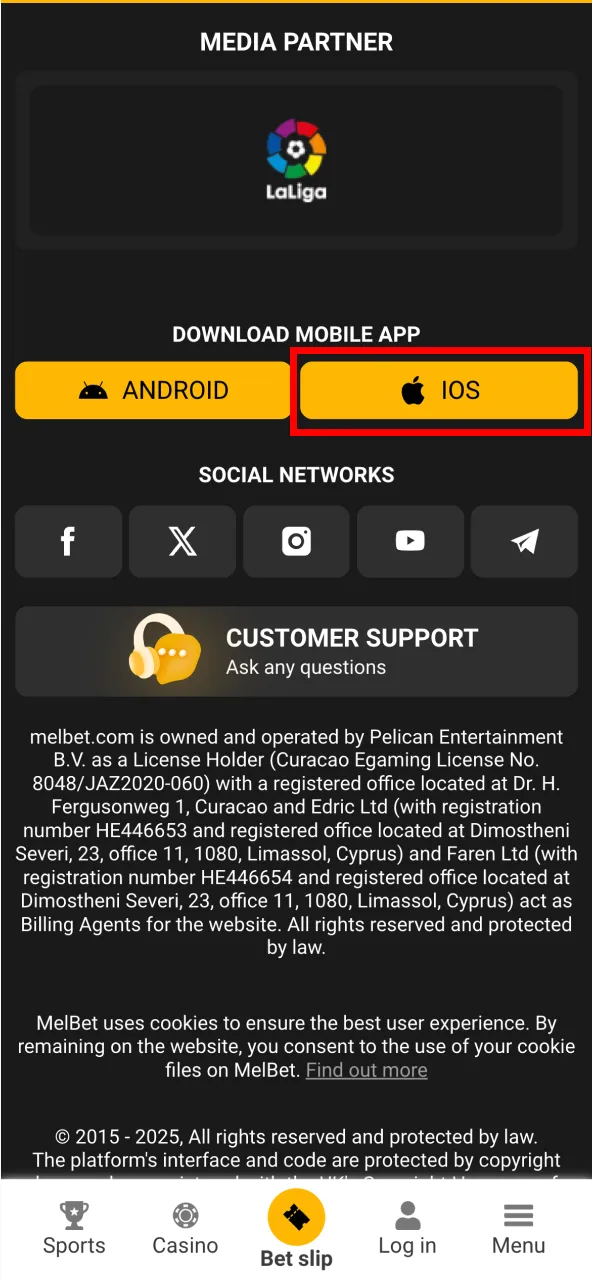 Tap Melbet iOS download button to begin.