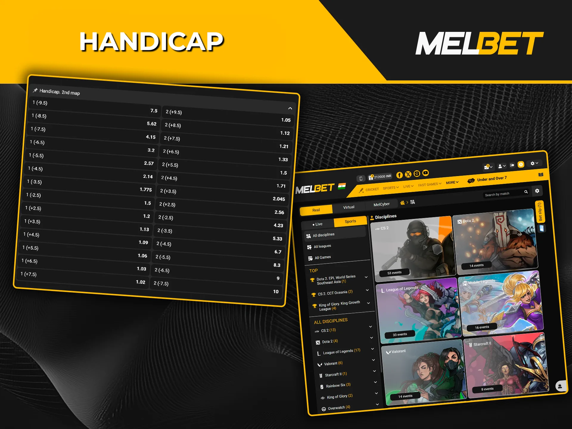 Check out the handicap betting options in eSports at Melbet.